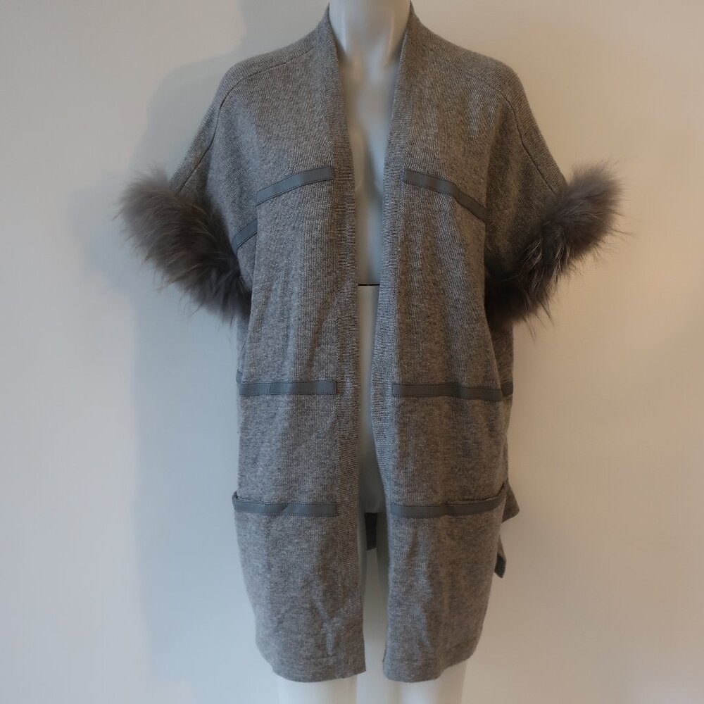 Womens Max & Moi Wool-Cashmere Gray Open Cardigan Sweater W/Raccoon Fur 40/L